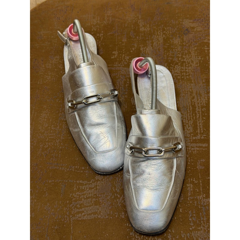 Burberry Silver Metallic Leather Chain Slingback Loafers Square Toe Italy 38